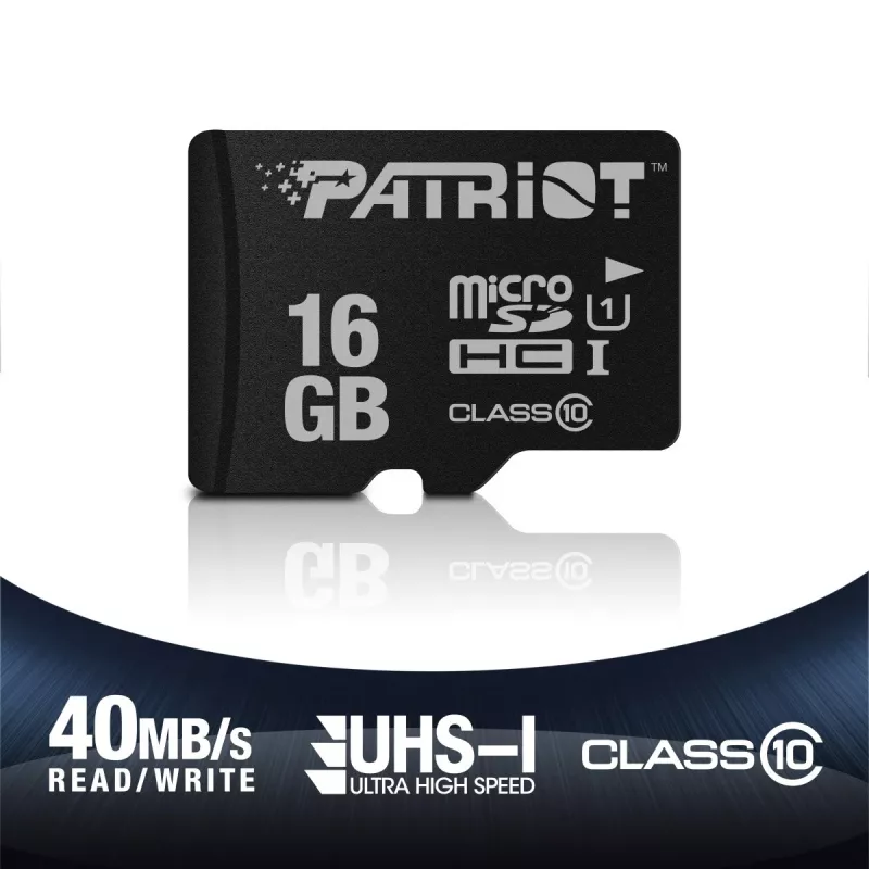Cartão de memória microSDHC PATRIOT PSF16GMDC10 — 16 GB, Class 10, UHS-I (U1), 80 MB/s, preto