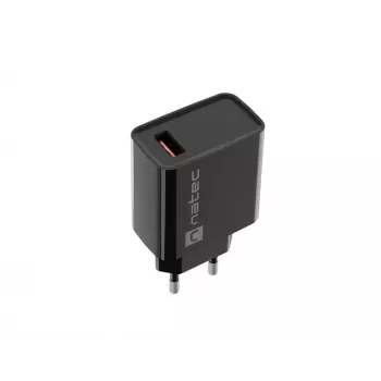 Carregador rápido de CA para interiores NATEC, com fios, Ribera – 18 W (5–15 V, até 3 A), 1× USB-A, Huawei FCP/SCP, preto
