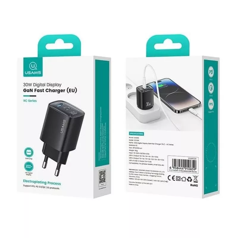 Carregador rápido GaN 30W USB e USB-C usams CC229 Branco — indicador LED, design compacto