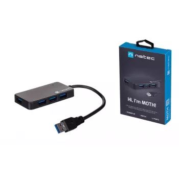 Hub USB NATEC Moth 4 portas USB 3.2 Gen 1 Type-A (5000 Mbit/s), alimentado por USB, preto, cabo de 0,15 m