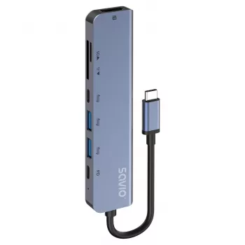 Hub USB Type-C SAVIO AK-82 com HDMI, MicroSD, USB 3.2 Gen1, PD pass-through, 4K@30Hz, 5000 Mbit/s, preto