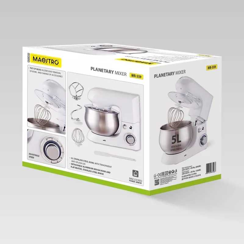 Batedeira planetária Maestro MR-559, copo de aço inoxidável de 5,0 L, 2000 W, 6 velocidades, botão rotativo