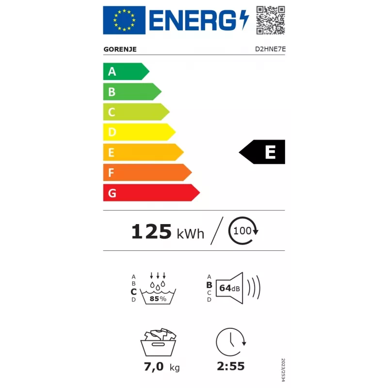 Máquina de secar roupa Gorenje | D2HNE7E | Classe de eficiência energética E | Carga frontal | 7 kg | Bomba de calor | LED | Profundidade 51 cm | Branco