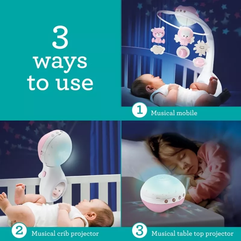 Caixa de música para bebé B-kids 3in1 Infantino 150302050 – rosa pó, brinquedo calmante 3 em 1