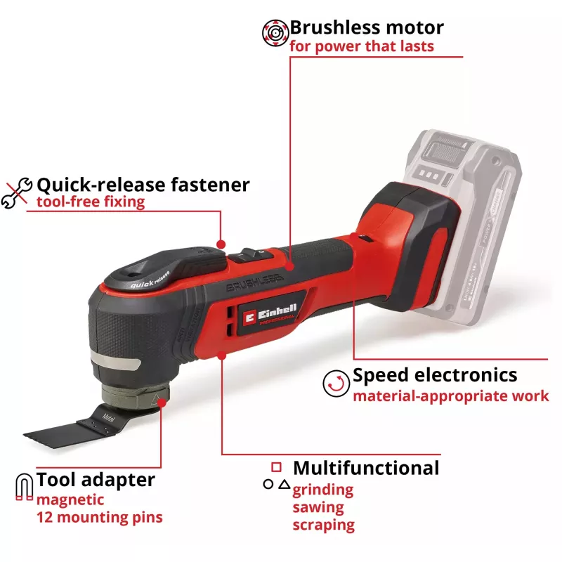 Einhell TP-MG 18 Li BL Solo Professional ferramenta multifunções a bateria, 18 V, sem escovas, até 40.000 oscilações/min, sem bateria e carregador, com acessórios, vermelho/preto