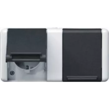 Tomada Type F JUNG 8220 W — IP44, 250V/16A, caixa em termoplástico, 151×75×58 mm, preto/branco