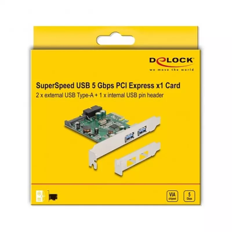 Placa DeLOCK PCI Express x1 para 2 x USB 3.2 Gen 1 Type-A + 1 x conector interno de 19 pinos
