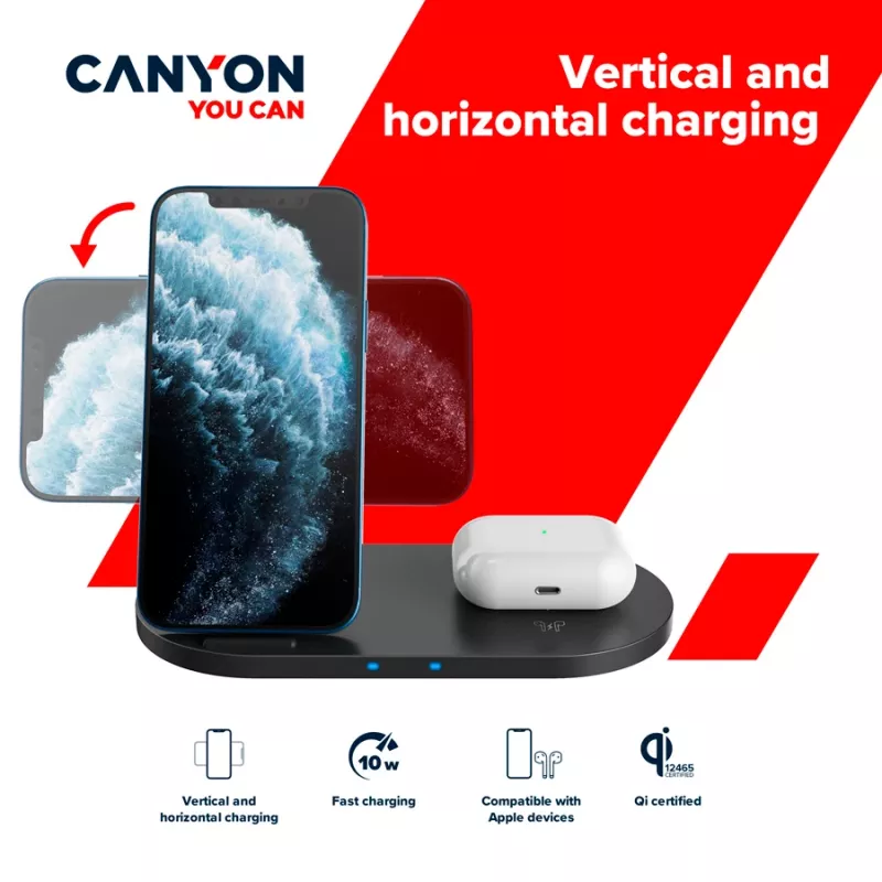 Carregador Docking Station sem fios 2em1 QI 10W/USB-C/LED preto