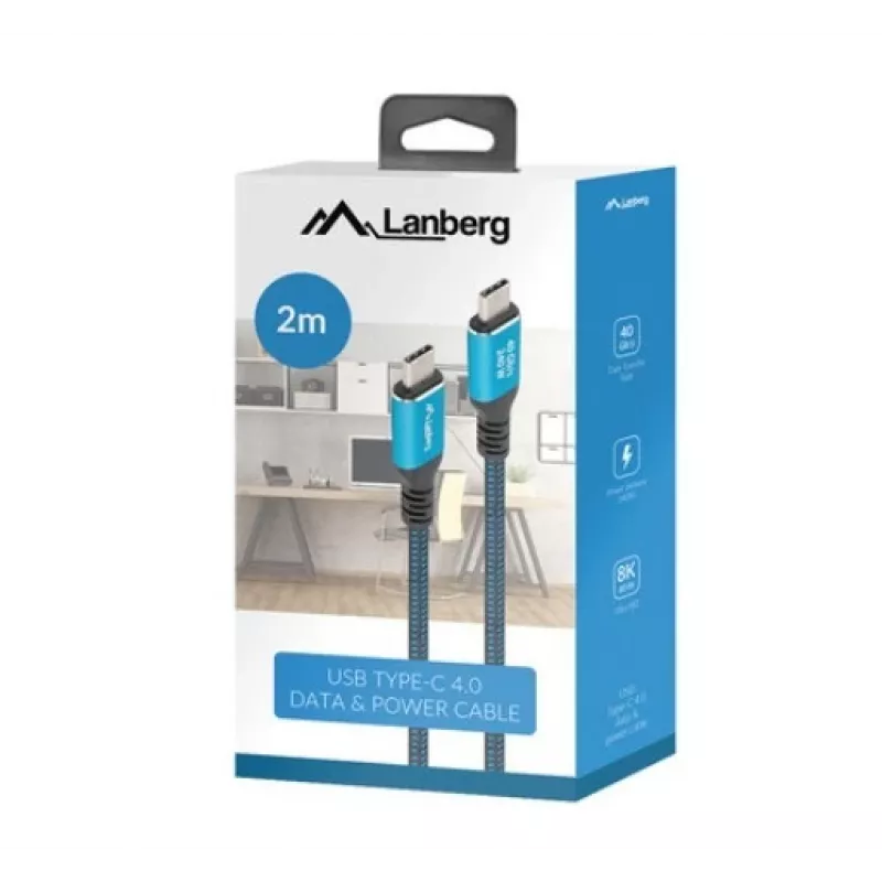 Cabo USB-C para USB-C LANBERG CA-CMCM-45CU-0020-BK, 240 W PD, 8K@60Hz, 2,0 m