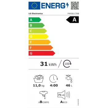LG máquina de lavar roupa F4X5011TKB, A, carregamento frontal, capacidade de lavagem 11 kg, profundidade 56,5 cm, 1400 rpm, LED, branco | LG