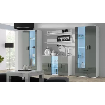 Aparador cama meble SOHO S7, 120 cm, branco/cinzento alto brilho, 3 portas, 4 prateleiras
