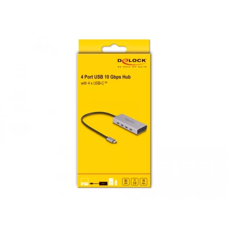 Hub USB DELOCK 10 Gbps Type-C 4 portas PD 85W cabo 30cm