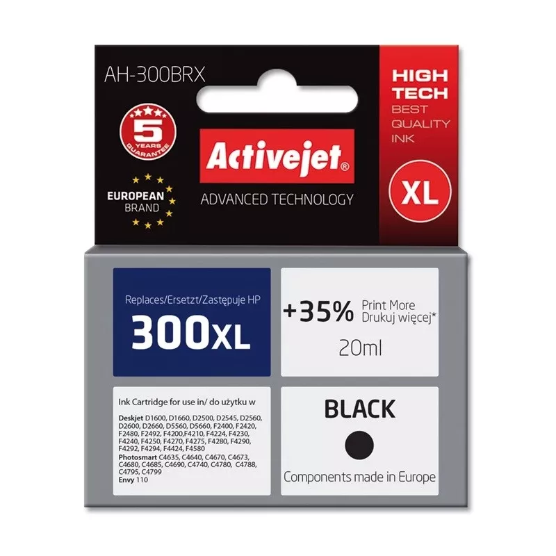 Cartucho de tinta compatível ActiveJet AH-300BRX (preto, 20 ml, XL alto rendimento, pigmento, para HP 300XL CC641EE)
