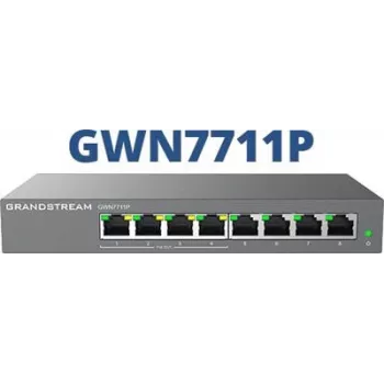 Switch de rede PoE gerido L2 Gigabit Grandstream GWN7711P — 8x RJ-45 10/100/1000, 48V DC, secretária/montagem na parede