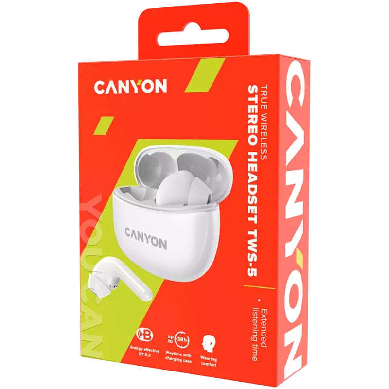 Auscultadores Bluetooth Canyon TWS-5, com microfone, BT V5.3 JL 6983D4, resposta de frequência: 20Hz-20kHz, bateria dos auscultadores 40mAh*2 + estojo de carregamento 500mAh, Type-C