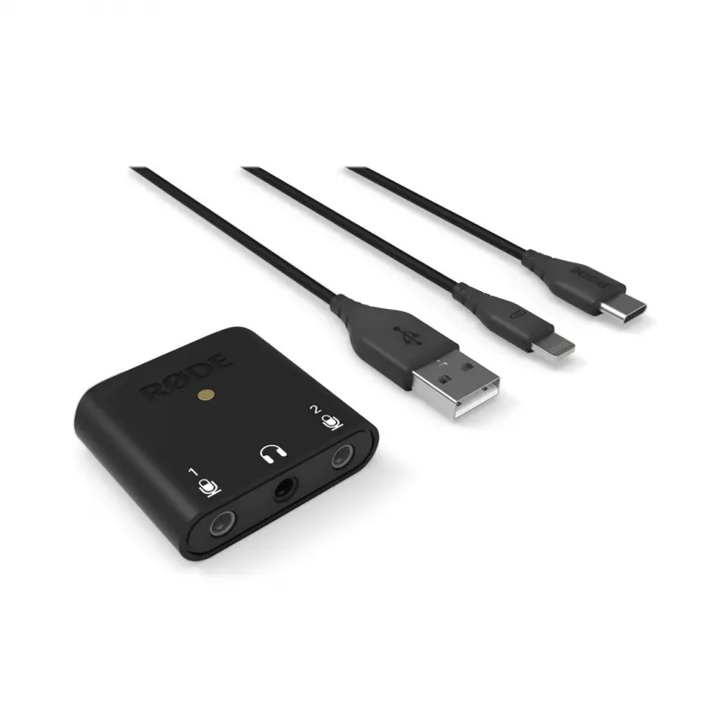 RØDE AI-Micro interface de áudio móvel, 2x entradas TRS/TRRS de 3,5 mm, saída de auscultadores de 3,5 mm, USB-C, preta