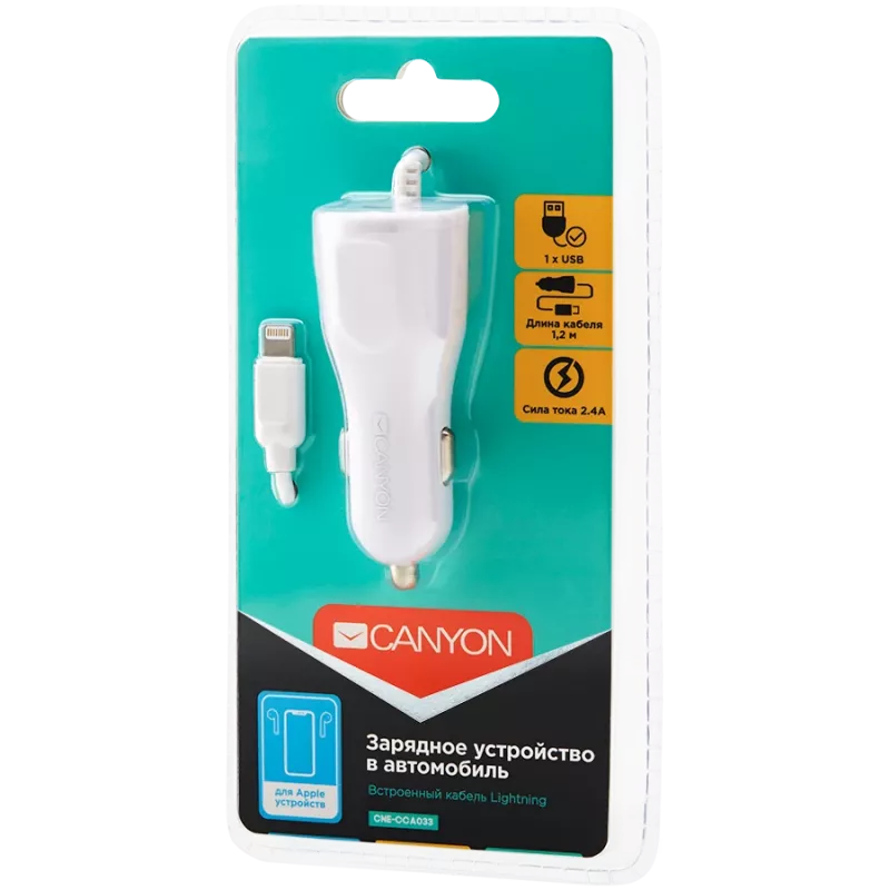 Carregador de automóvel CANYON C-033 2,4A/USB-A com conector Lightning integrado branco