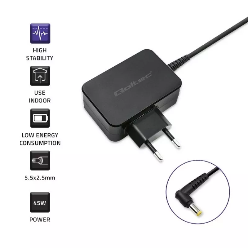 Carregador QOLTEC 52407 para Toshiba Ultrabook 45W 19V 2,37A Fonte de alimentação