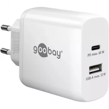 Carregador duplo rápido USB-C, PD, GaN, 65 Watt (branco, 1x USB-C, 1x USB-A, Power Delivery)