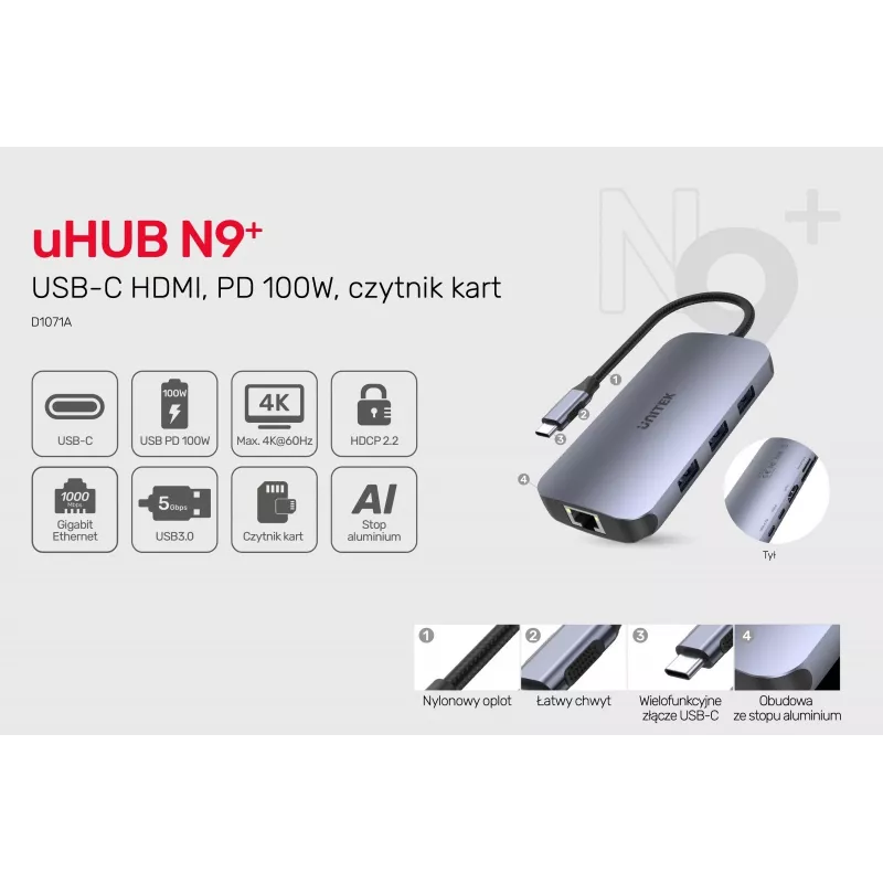 Hub de interface UNITEK D1071A USB 3.0 SuperSpeed 5 Gb/s prateado