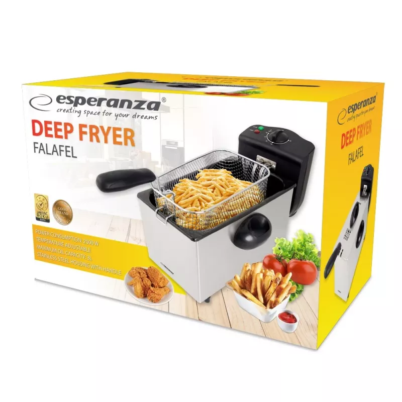 Fritadeira ESPERANZA FALAFEL Single 3 L — recipiente de aço inoxidável, 2200 W, termostato ajustável