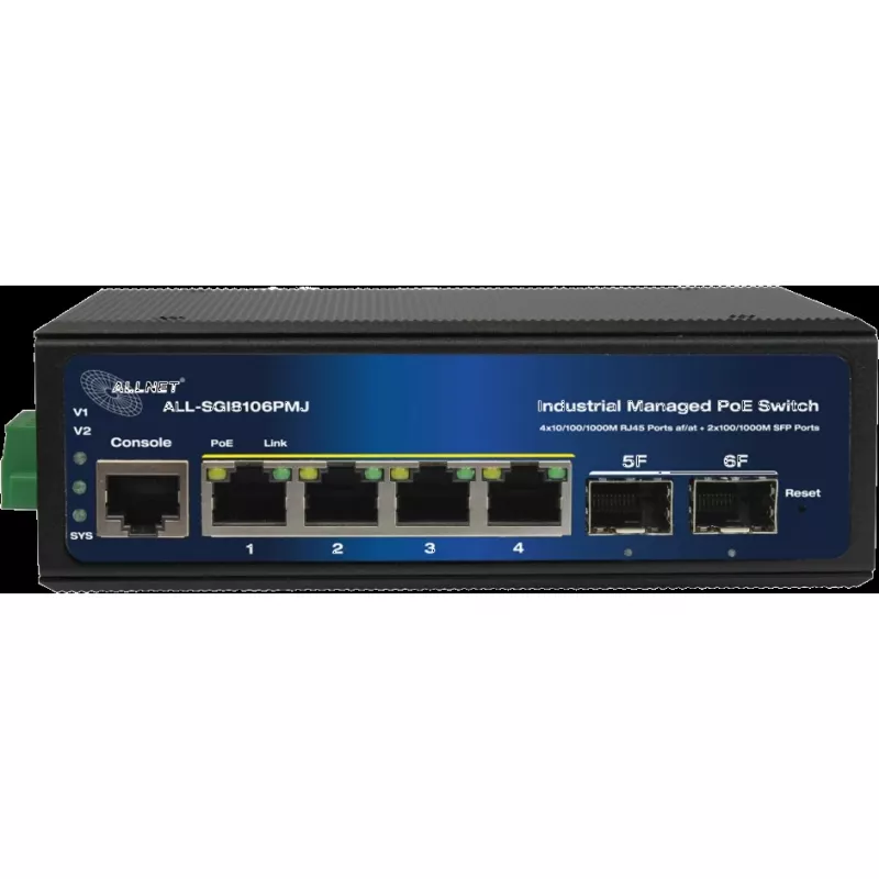 Switch PoE industrial ALLNET ALL-SGI8106PMJ-BT — 6 portas (4 PoE+), caixa metálica robusta