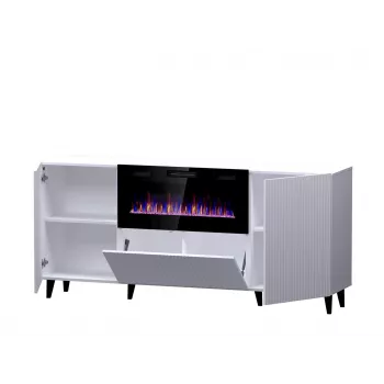 Cómoda com lareira elétrica Cama Meble PAFOS, 180 x 42 x 82 cm, branco mate, 1400–1600 W, sem puxadores, 3 portas, 2 prateleiras