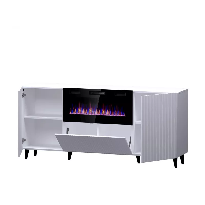 Cómoda com lareira elétrica Cama Meble PAFOS, 180 x 42 x 82 cm, branco mate, 1400–1600 W, sem puxadores, 3 portas, 2 prateleiras