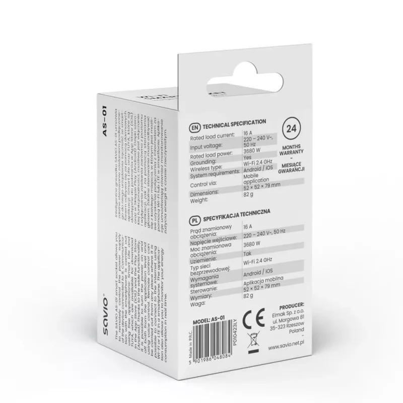Tomada inteligente SAVIO AS-01 16A Wi-Fi 2,4 GHz, ficha tipo E/F, 220–240 V, 3680 W, branca