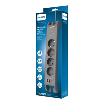 Régua de tomadas com proteção contra sobretensão Philips 4 tomadas cabo 2 m 3×US