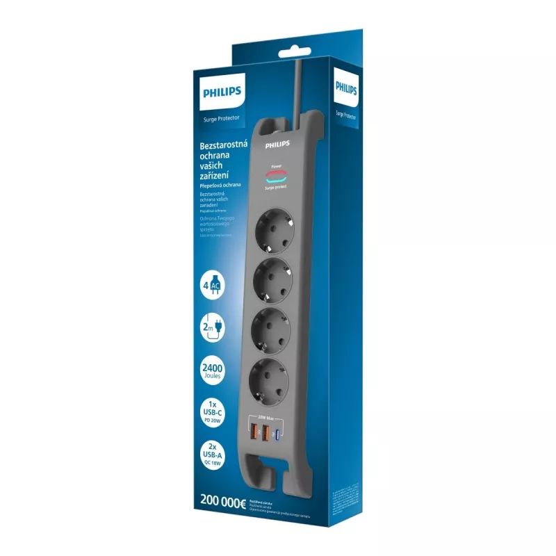Régua de tomadas com proteção contra sobretensão Philips 4 tomadas cabo 2 m 3×US
