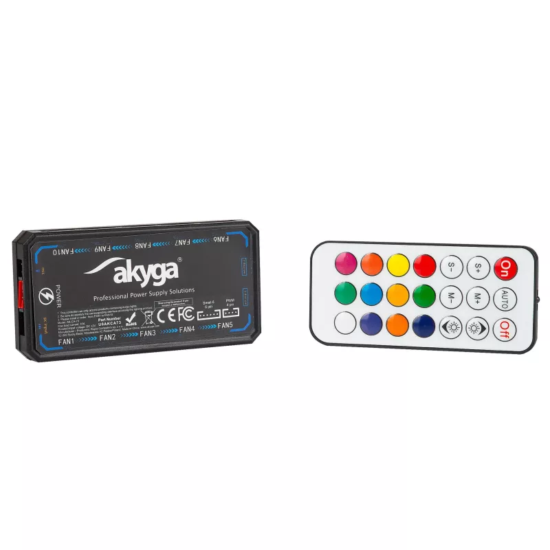 Akyga AK-CA-73 controlador de ventoinhas RGB com comando, 12 ligações (10 ventoinhas + 2 fitas LED), alimentação Molex