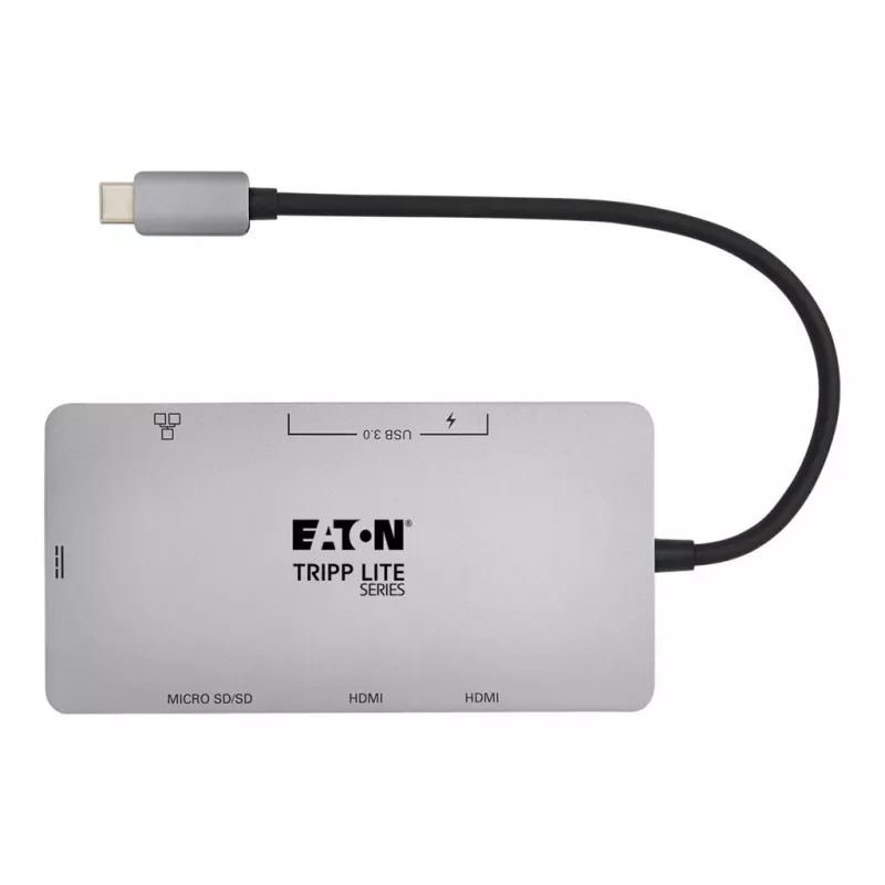 Docking station USB-C Eaton Tripp Lite, ecrã duplo - 4K 60 Hz HDMI, USB 3.2 Gen 1, hub USB-A, GbE, cartão de memória, função de carregamento PD 100W, cinzento - Docking station - USB-C - 2 x HDMI - 1GbE (U442-DOCK