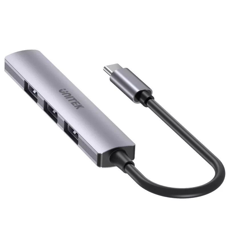 Hub USB-C Unitek H1208B — 1x USB-A 5 Gbit/s, 3x USB-A 2.0, host USB-C, caixa em alumínio, cabo de 0,20 m