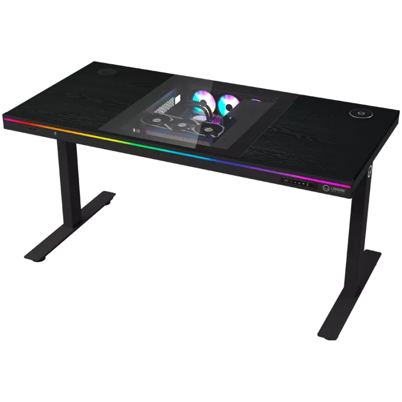 Secretária gaming de altura ajustável sentado/em pé com motor duplo, caixa de PC integrada, carregador sem fios, iluminação RGB, painel de controlo e portas USB, tampo em melamina PB, preto
