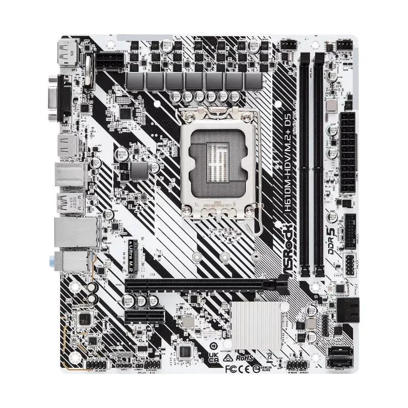 ASRock H610M-HDV/M.2+ D5 placa-mãe, Intel H610, LGA 1700, Micro-ATX, 2x DDR5 DIMM (máx. 96 GB), PCIe 4.0 x16, 1x M.2, 4x SATA III, HDMI, DisplayPort, VGA, USB-C 3.2 Gen 1, Gigabit LAN