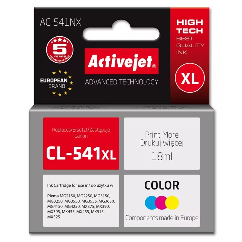 Tinteiro Activejet AC-541NX para impressoras Canon (substituto para Canon CL-541XL) Supreme, 18 ml, ciano, amarelo, magenta
