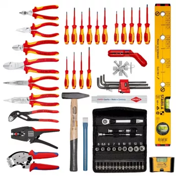 Conjunto de ferramentas de mecânico Knipex 00 21 06 — 68 ferramentas, incluindo alicate de bico e alicate de bomba de água, ferramentas vermelhas/amarelas, mala preta (515×438×265 mm)