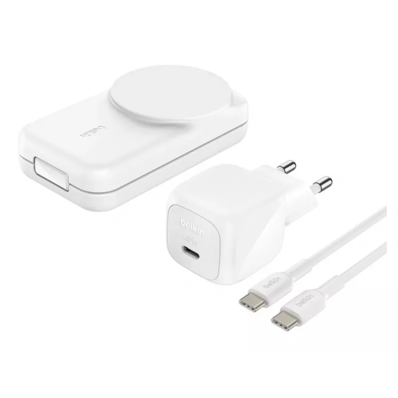 Carregador de interior Belkin UltraCharge 25W Qi2 Carregador magnético 3-em-1 UE Branco Quadrado