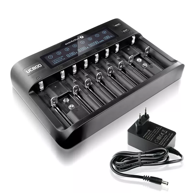 Carregador de baterias everActive UC-800 AC 12V 3A — para LiFePO4/LiPo/NiMH, suporta AA/AAA/9V, até 10 baterias, entrada 12 V, visor integrado, preto