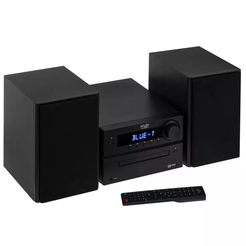 Mini sistema de alta fidelidade estéreo Adler AD 1917 — Bluetooth V5.3, CD/USB/MP3, 2×25 W RMS, sintonizador FM, equalizador de 4 bandas, AUX, preto