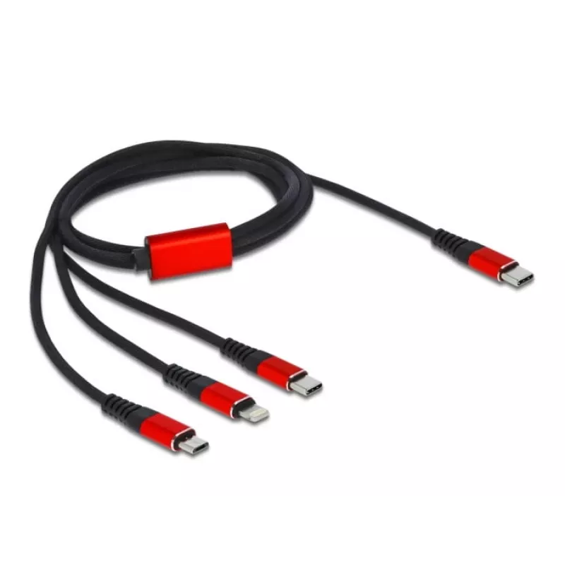 Cabo de carregamento USB DeLOCK 3-em-1 USB Type-C para Lightning Micro USB USB Type-C 1 m preto vermelho