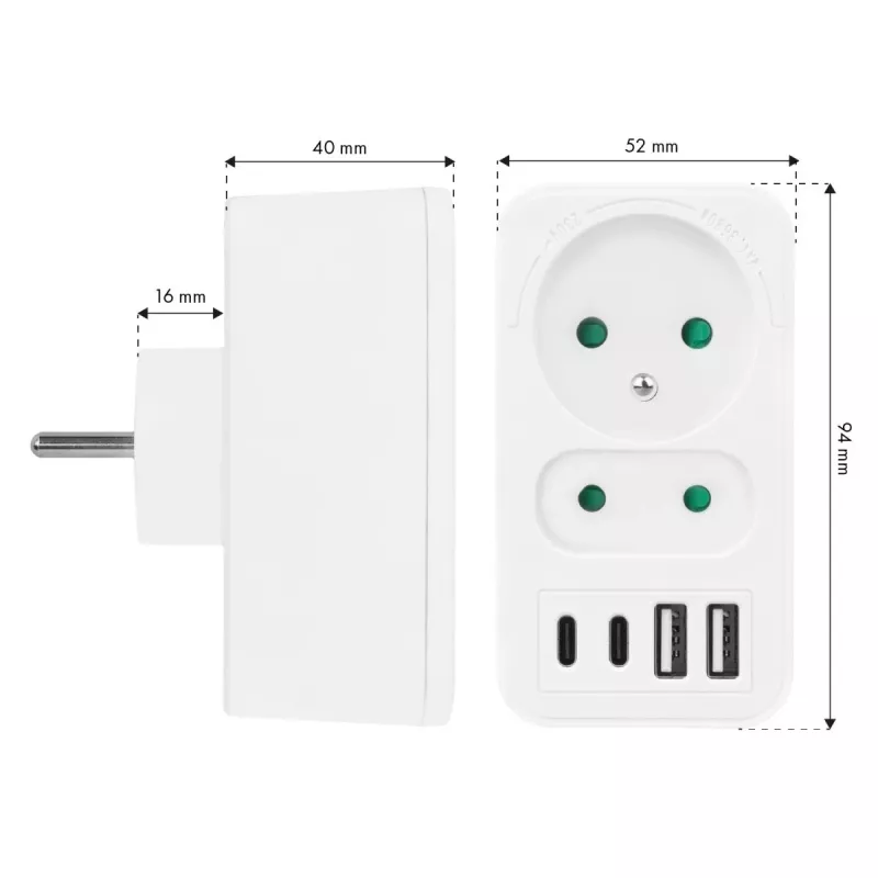 Power Splitter MACLEAN MCE249 F/W – 2 tomadas de rede (16A + 6A) e 4x USB (2x A, 2x C PD 20W)