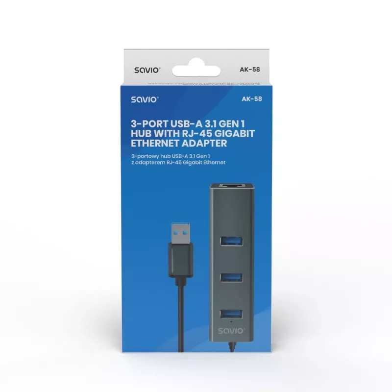 Hub USB-A SAVIO com RJ-45 Gigabit Ethernet AK-57 — 3× USB-A + RJ-45, USB 3.2 Gen 1 Micro‑B host, 5 Gbit/s, 4 portas, cinzento