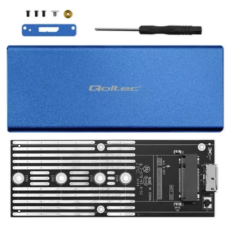 Caixa SSD QOLTEC 51832 — externa M.2 SATA, USB 3.0, até 2 TB, azul, suporta unidades de 30 mm, 4 slots