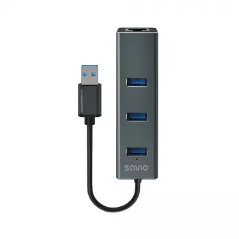 Hub USB-A SAVIO com RJ-45 Gigabit Ethernet AK-57 — 3× USB-A + RJ-45, USB 3.2 Gen 1 Micro‑B host, 5 Gbit/s, 4 portas, cinzento