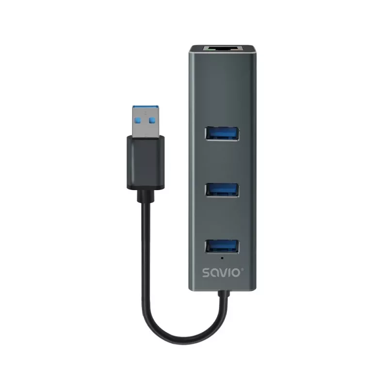 Hub USB-A SAVIO com RJ-45 Gigabit Ethernet AK-57 — 3× USB-A + RJ-45, USB 3.2 Gen 1 Micro‑B host, 5 Gbit/s, 4 portas, cinzento