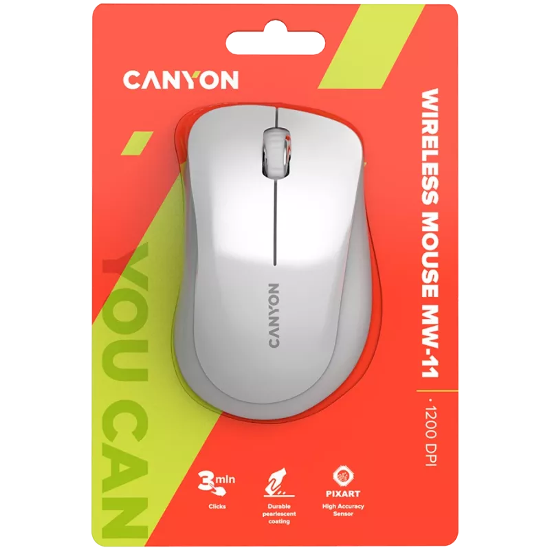 CANYON MW-11, rato sem fios 2,4 GHz, com 3 botões, DPI 1200, pilha: AAA*2 unid., branco pérola cinzento 67*109*38 mm 0,063 kg