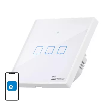 Interruptor de luz inteligente de parede Sonoff T2 EU TX 3 canais Wi‑Fi + RF 433 controlo