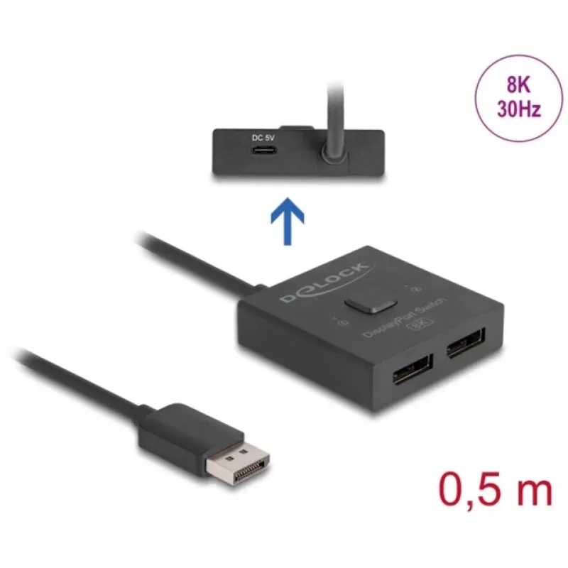 Delock - Distribuidor/comutador de vídeo - 8K, bidirecional - 2 x DisplayPort - Desktop (18906)
